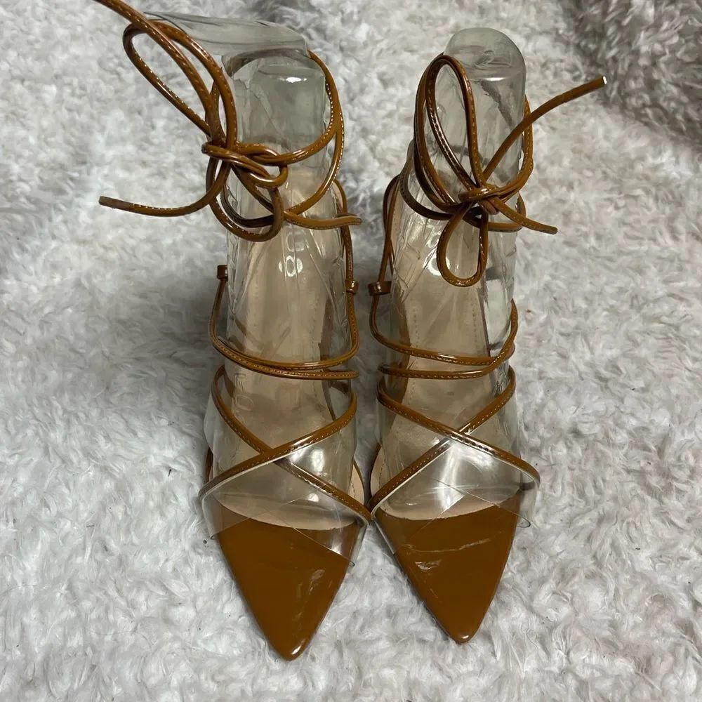 New EGO Av-e Mocha &clear plastic strappy heels Size 7